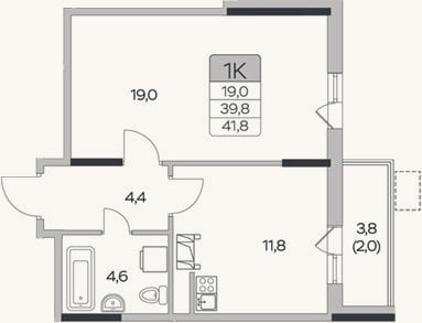 Планировка: 1-к, 39,8 м²