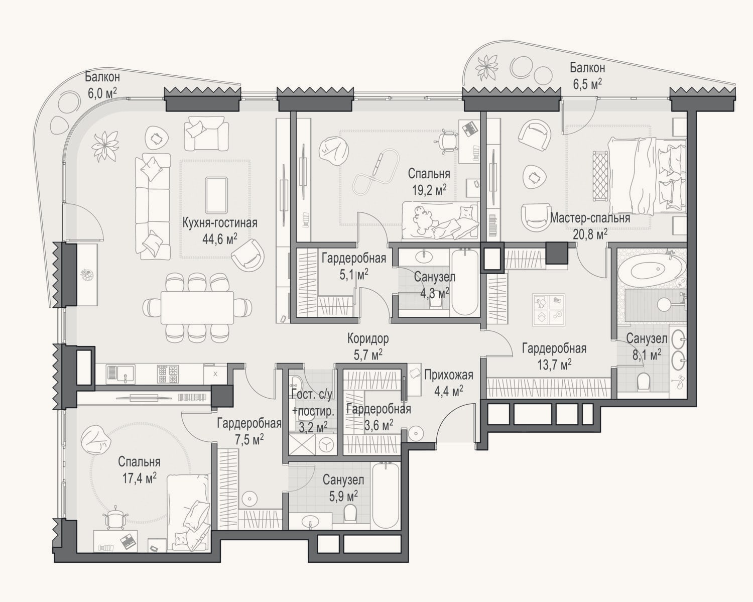 Планировка: 4+ к, 164,3 м²