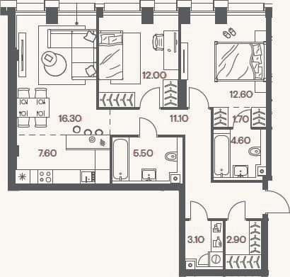 Планировка: 3-к, 77,4 м²