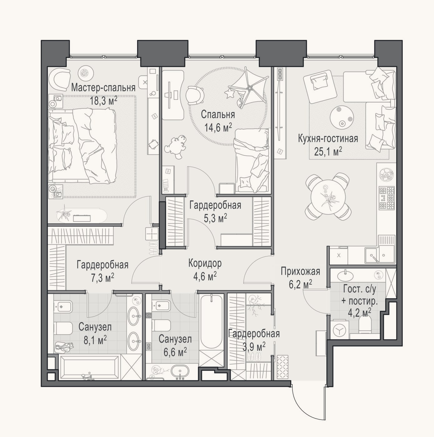 Планировка: 3-к, 105,3 м²