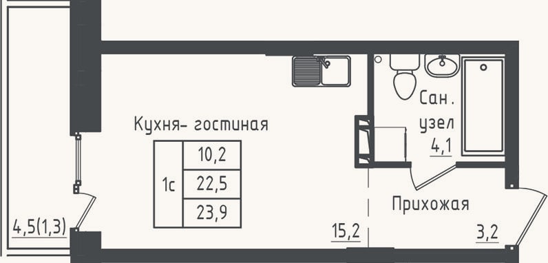 Планировка: Студия, 22,5 м²