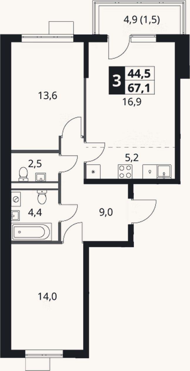 Планировка: 3-к, 65,6 м²
