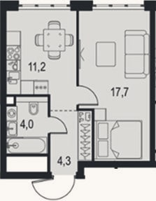 Планировка: 1-к, 37,2 м²