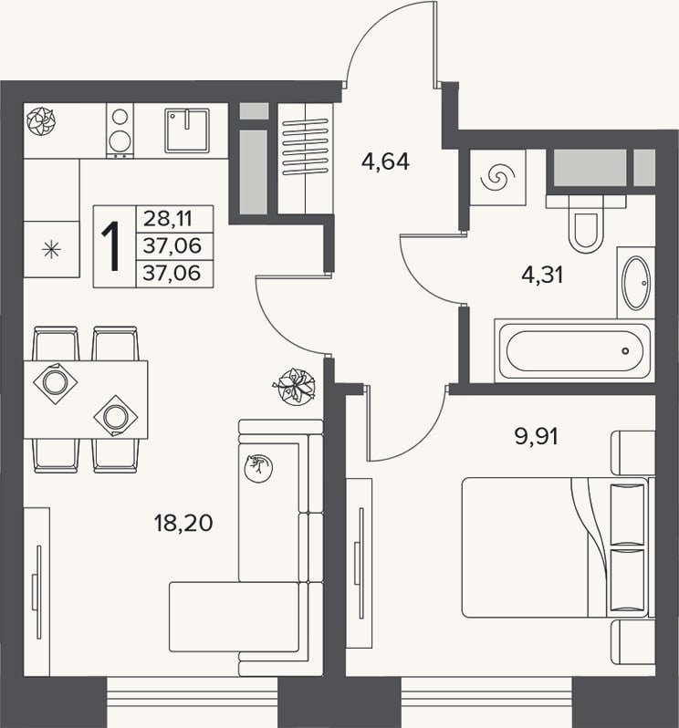 Планировка: 2-к, 37,1 м²