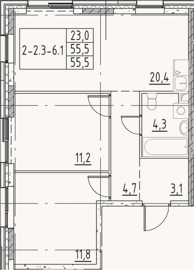 Планировка: 3-к, 55,5 м²