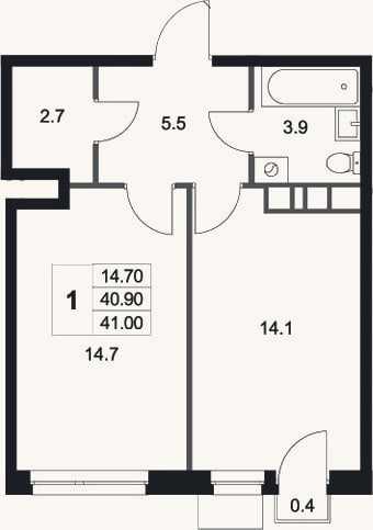 Планировка: 1-к, 40,9 м²