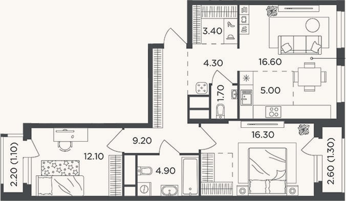 Планировка: 3-к, 73,5 м²