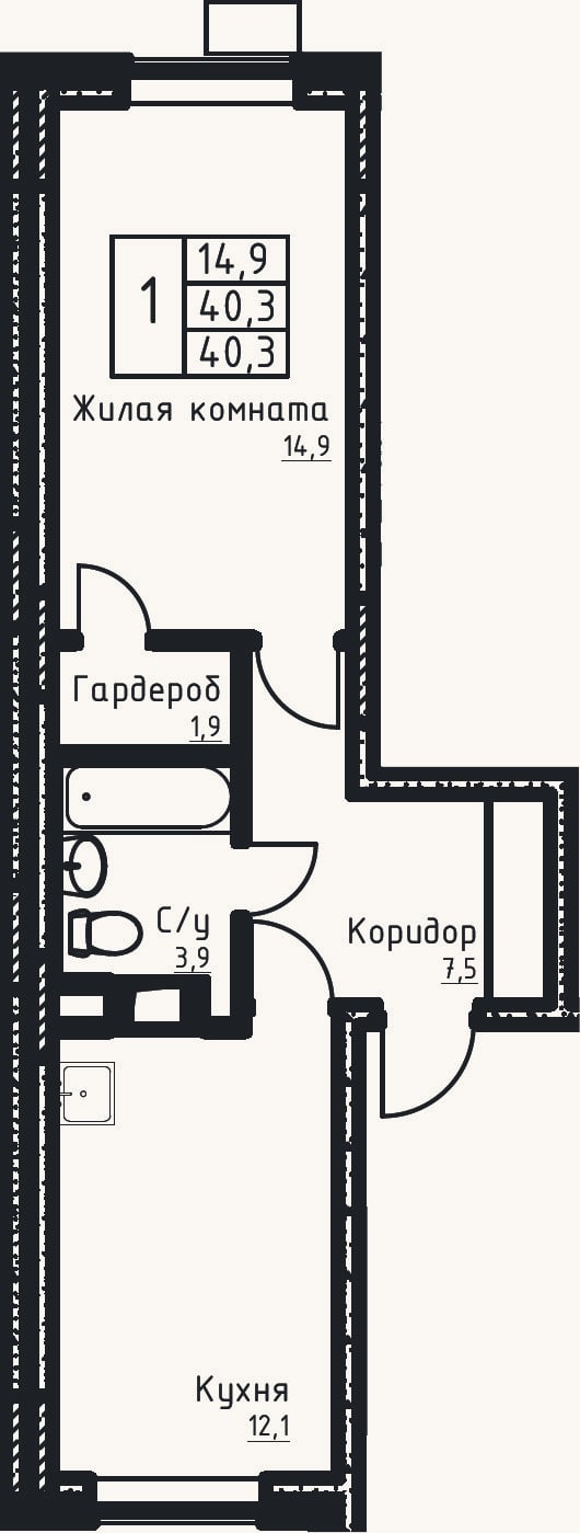 Планировка: 1-к, 40,3 м²