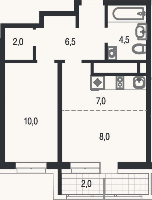Планировка: 2-к, 38 м²