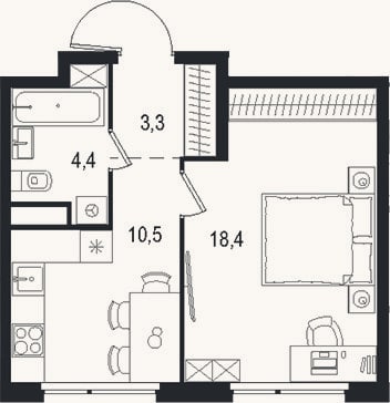 Планировка: 1-к, 36,6 м²