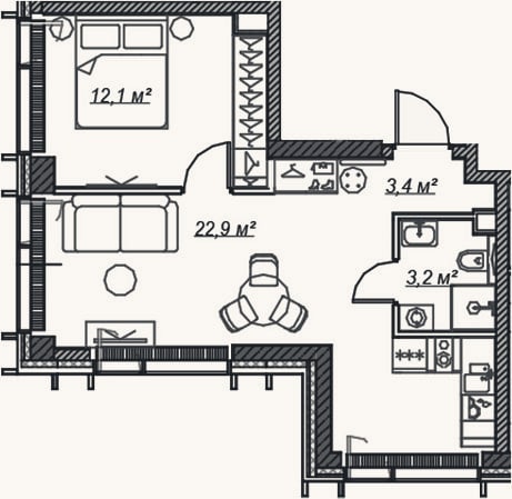 Планировка: 2-к, 41,6 м²