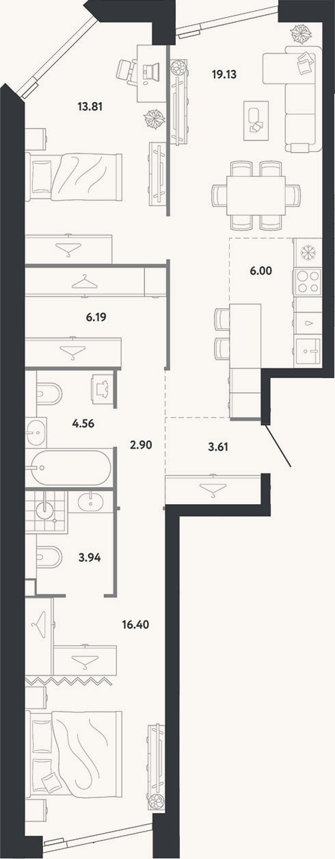 Планировка: 2-к, 76,5 м²