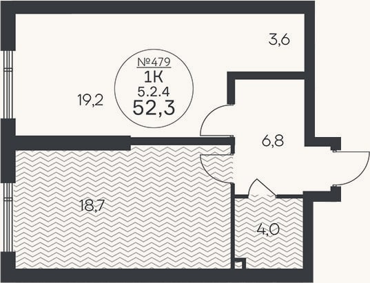 Планировка: 1-к, 52,3 м²