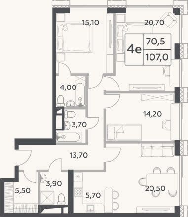 Планировка: 4+ к, 107 м²