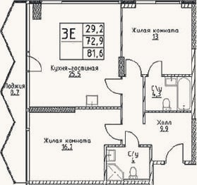 Планировка: 3-к, 72,9 м²