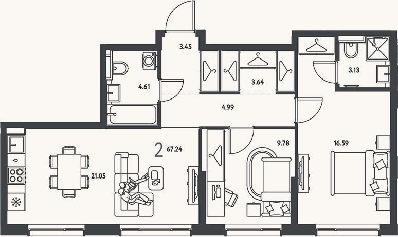 Планировка: 2-к, 67,2 м²