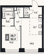 Планировка: 2-к, 52,4 м²