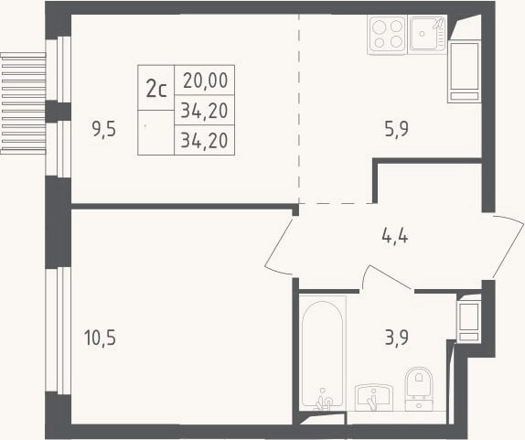 Планировка: 2-к, 34,2 м²