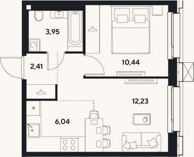 Планировка: 2-к, 35,1 м²