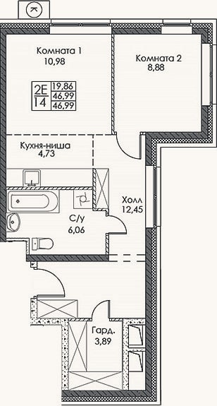 Планировка: 2-к, 47 м²