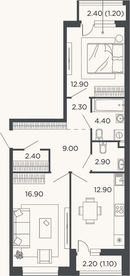 Планировка: 2-к, 63,7 м²