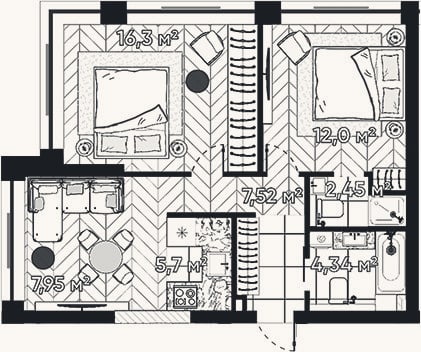 Планировка: 2-к, 56,3 м²