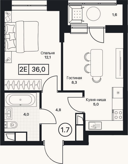 Планировка: 2-к, 34,4 м²