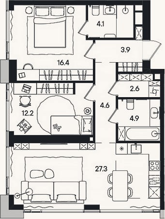 Планировка: 3-к, 76 м²