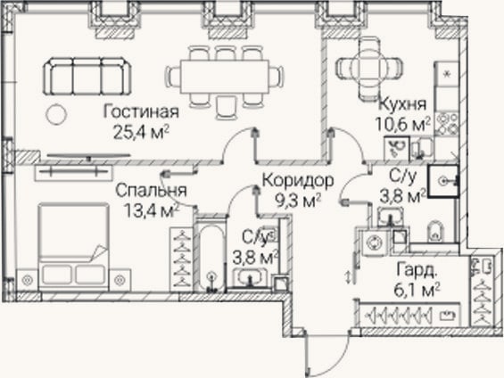 Планировка: 2-к, 72,4 м²