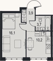Планировка: 1-к, 33,9 м²