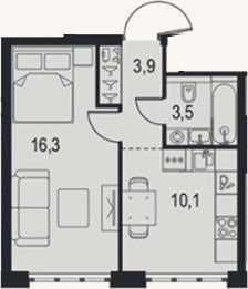 Планировка: 1-к, 33,8 м²