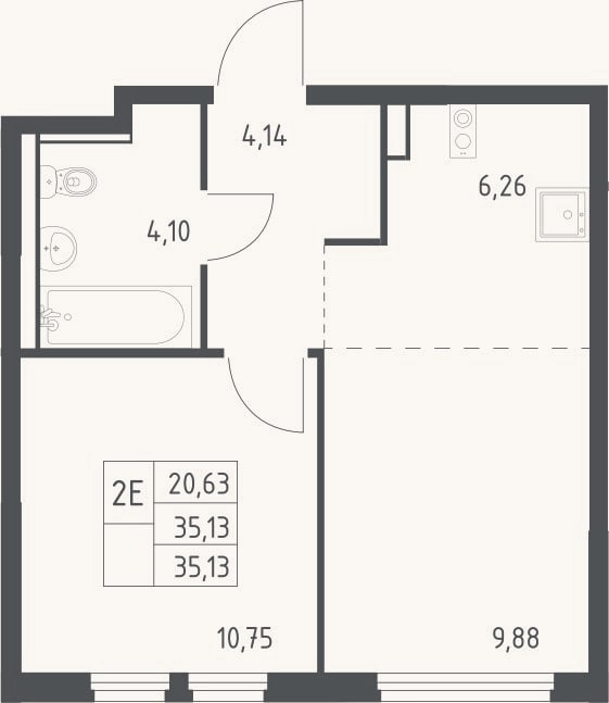 Планировка: 2-к, 35,1 м²