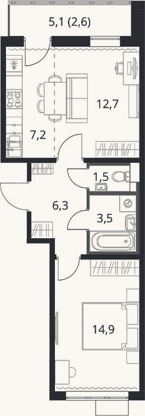 Планировка: 2-к, 46,1 м²
