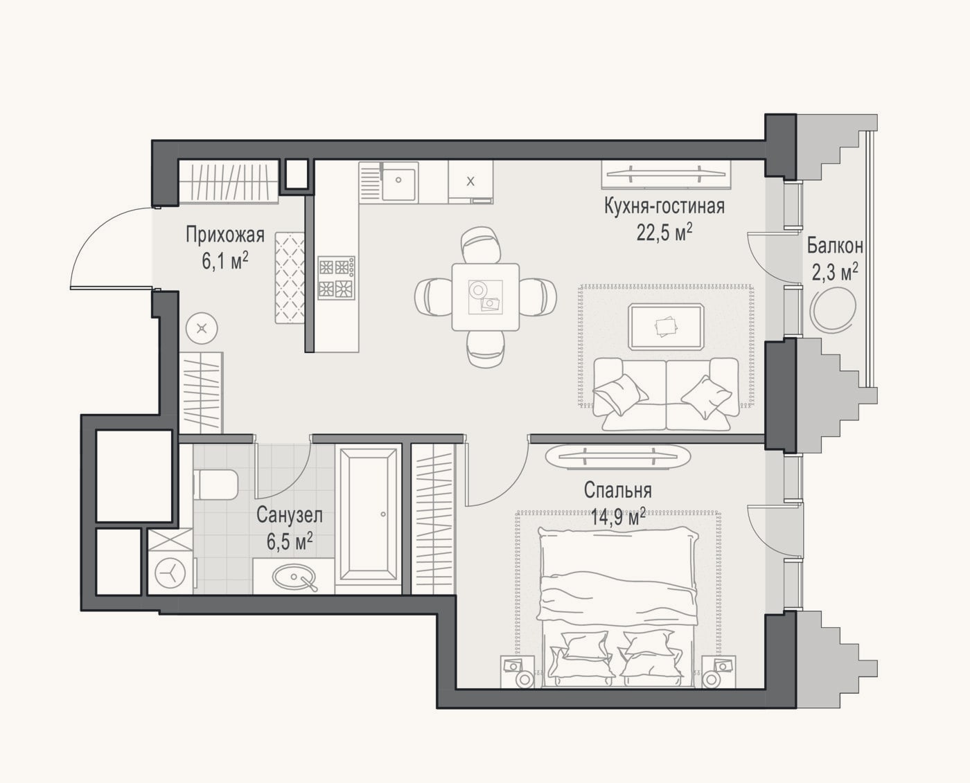 Планировка: 2-к, 49,5 м²