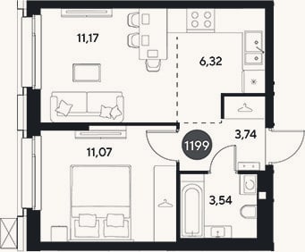 Планировка: 2-к, 35,8 м²