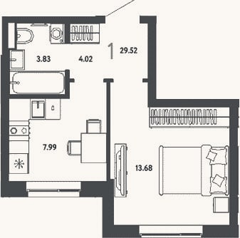 Планировка: 1-к, 29,5 м²