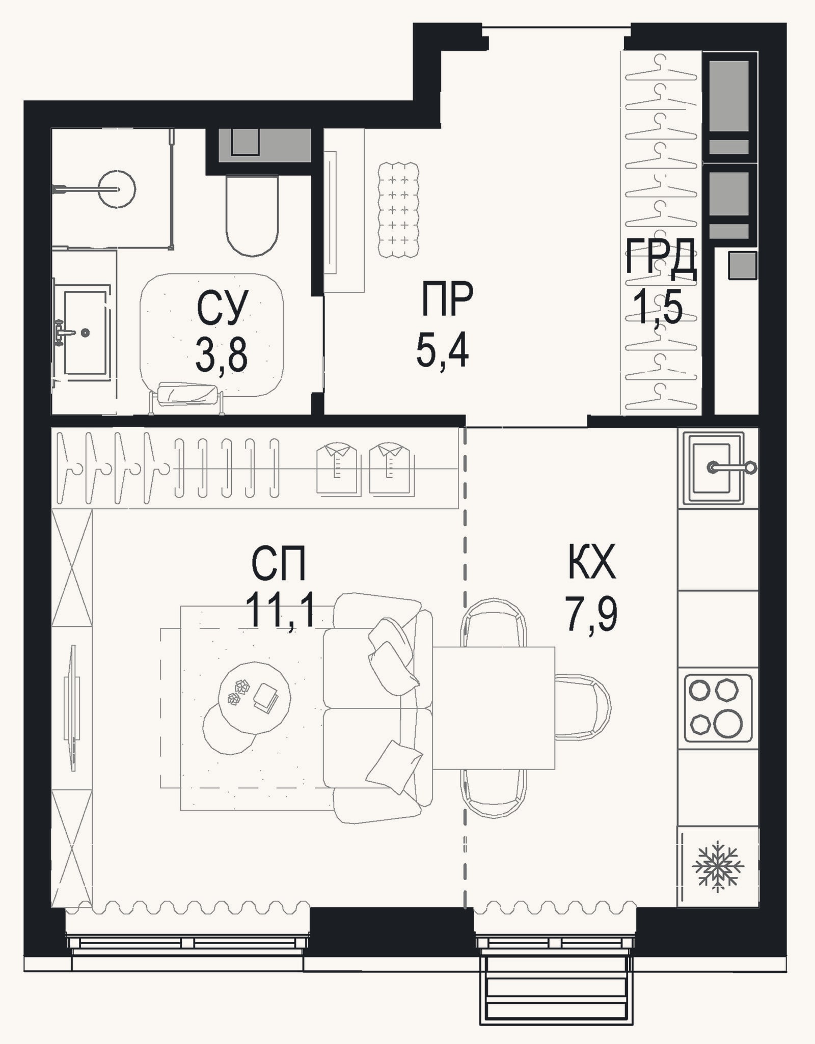 Планировка: Студия, 29,7 м²
