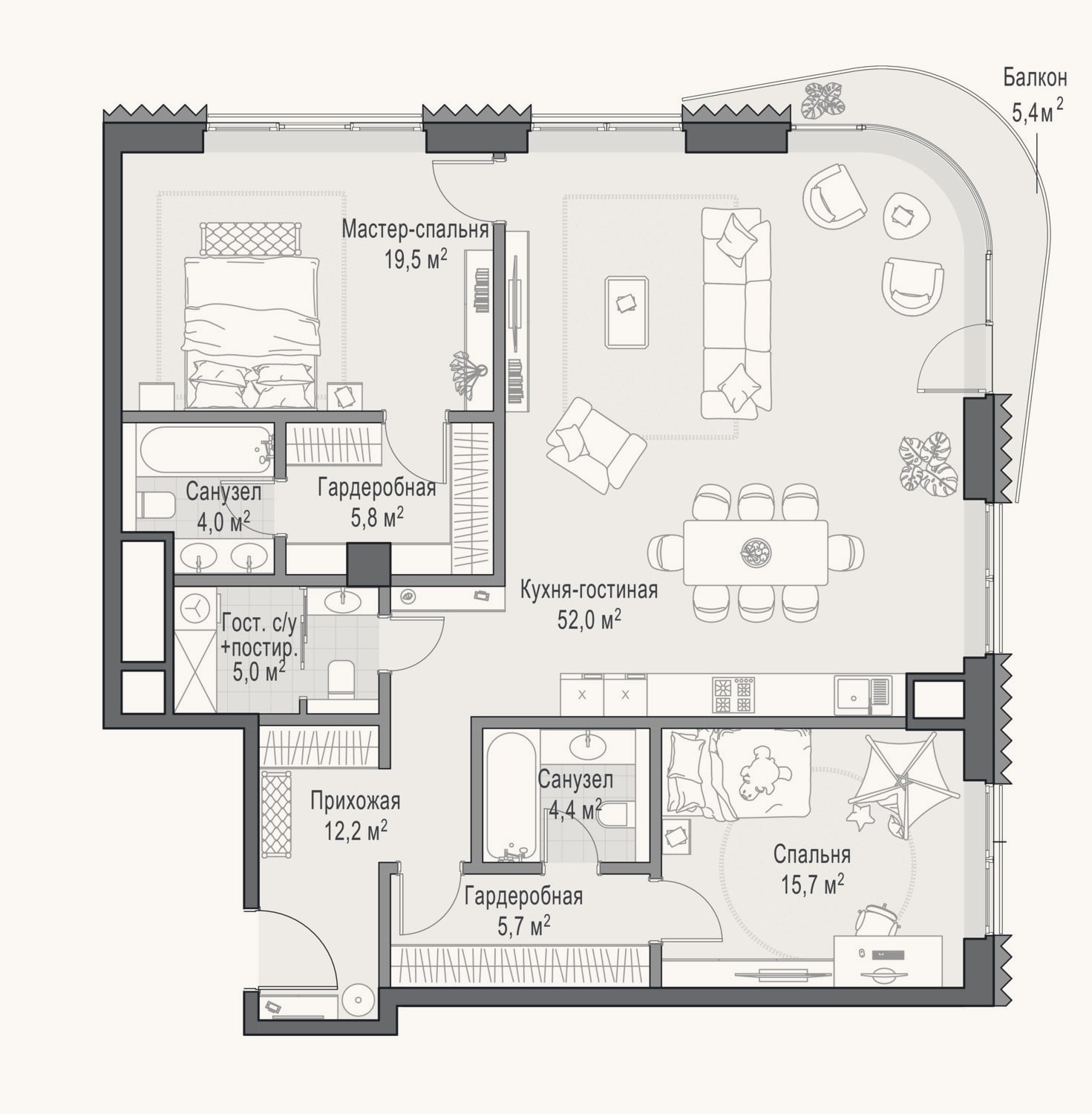 Планировка: 2-к, 124,4 м²