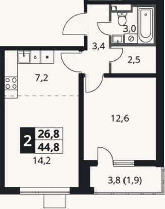 Планировка: 2-к, 42,9 м²