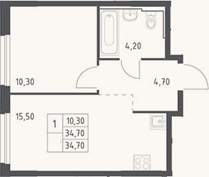 Планировка: 2-к, 34,7 м²
