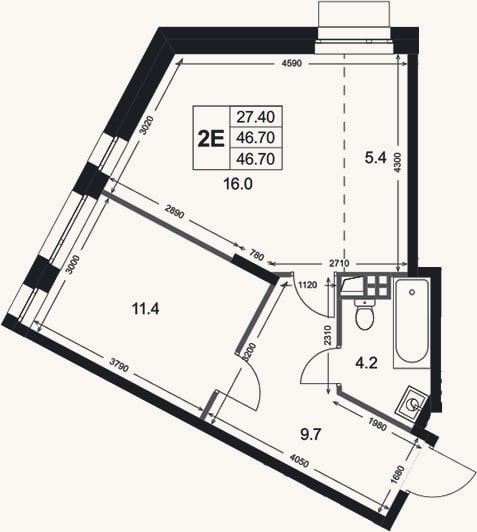 Планировка: 2-к, 46,7 м²