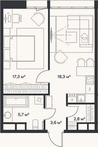 Планировка: 2-к, 47,7 м²