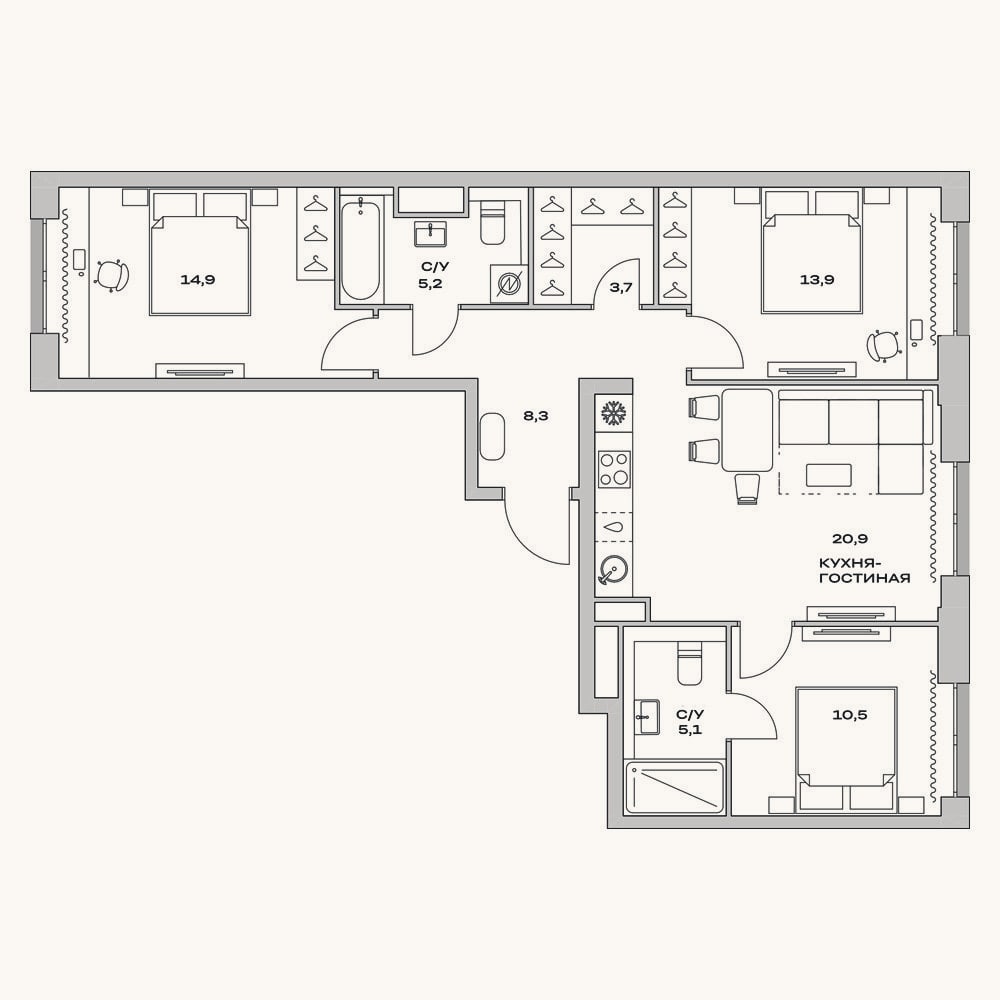 Планировка: 4+ к, 82,5 м²