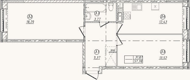 Планировка: 2-к, 57,4 м²