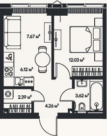Планировка: 2-к, 36,1 м²