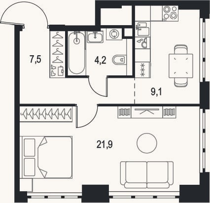 Планировка: 1-к, 42,7 м²