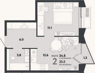 Планировка: 2-к, 33,5 м²