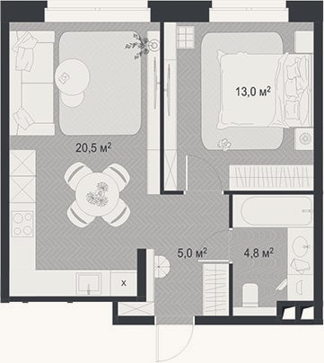 Планировка: 2-к, 43,3 м²