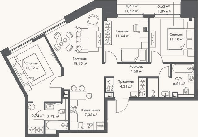 Планировка: 4+ к, 84 м²