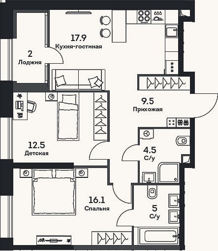 Планировка: 3-к, 65,5 м²